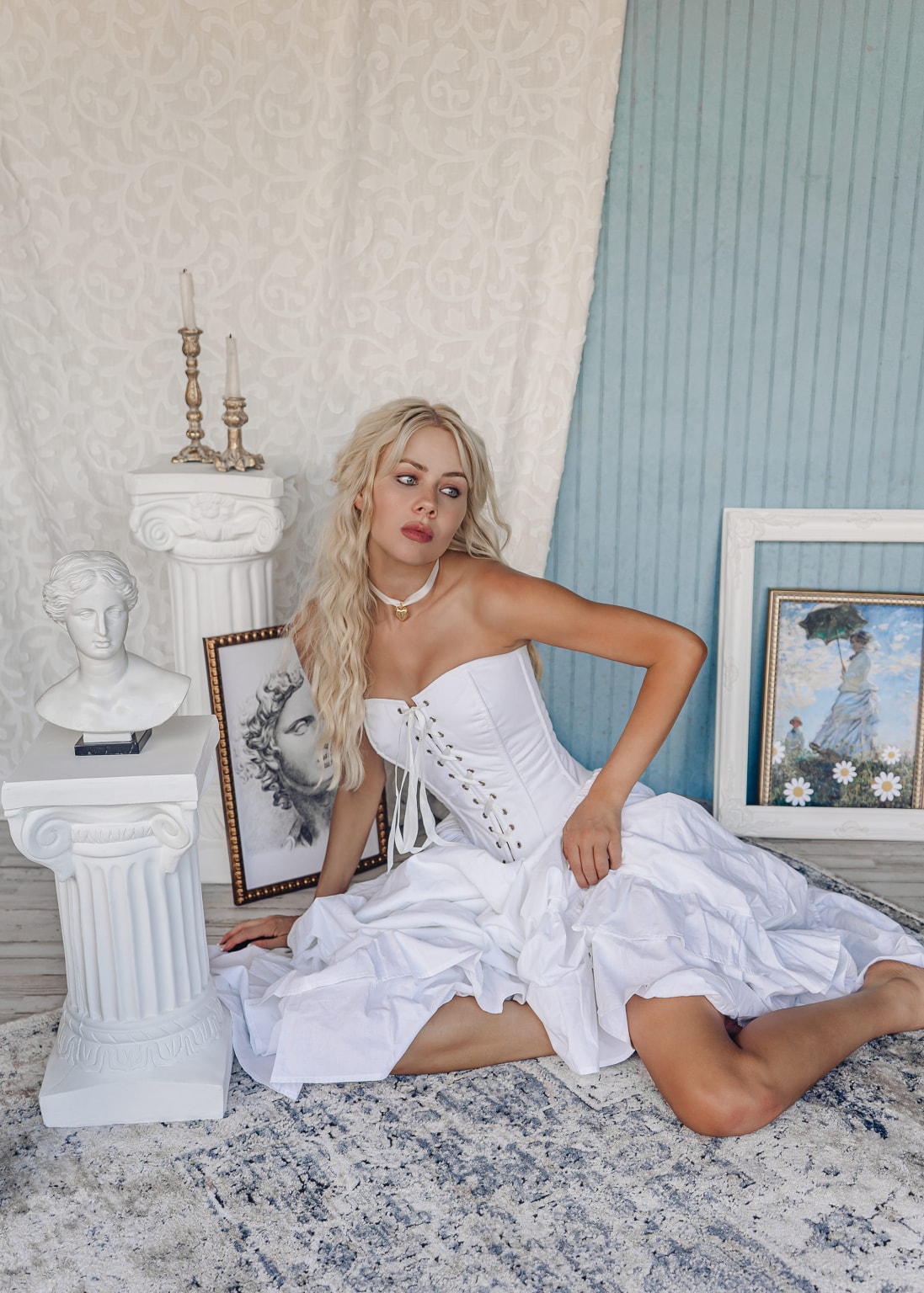 Enjoue white garden dress puff skirt ruffle gown vintage lace-up corset dress