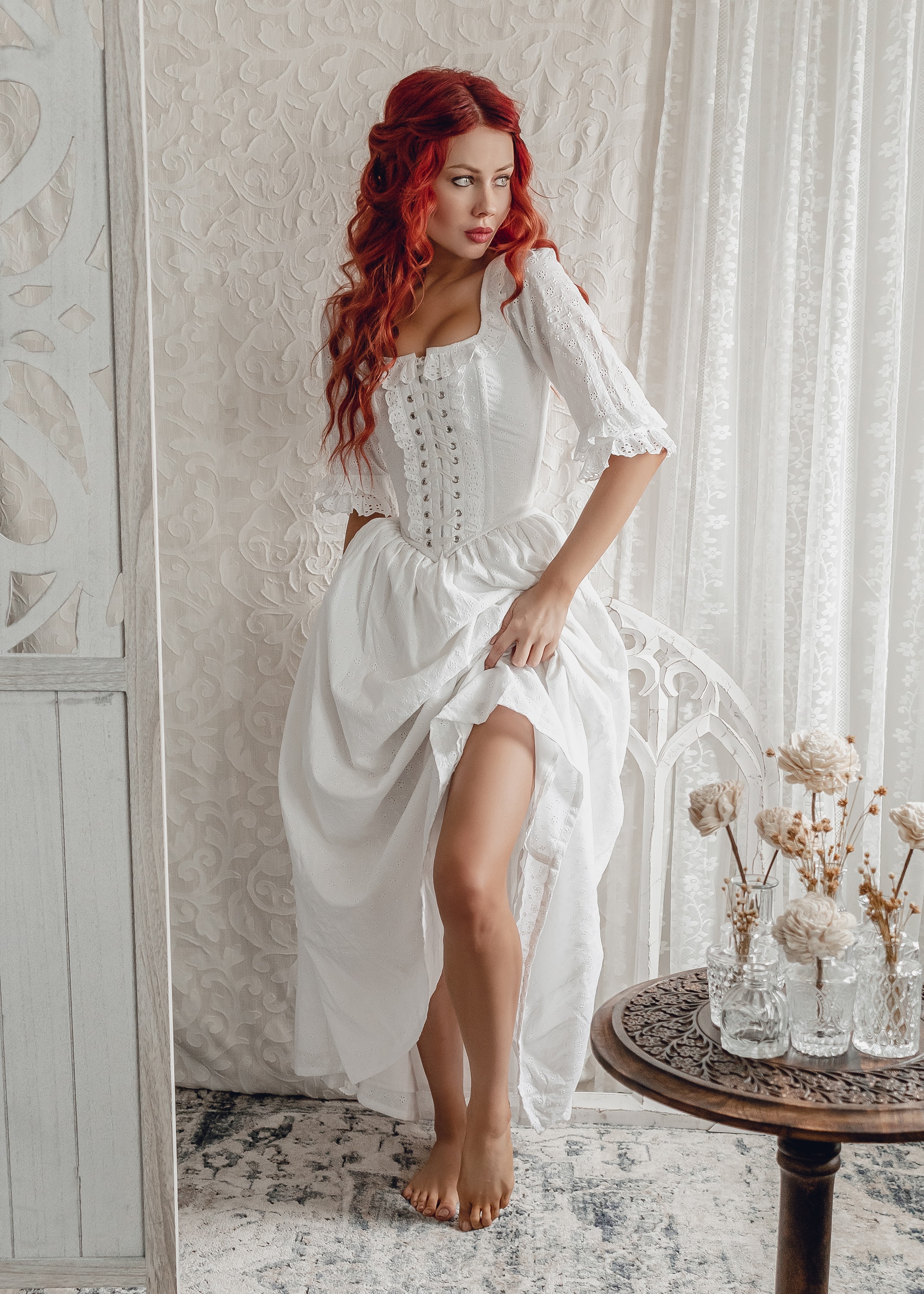 white eyelet lace Marie Antoinette corset and skirt set dress